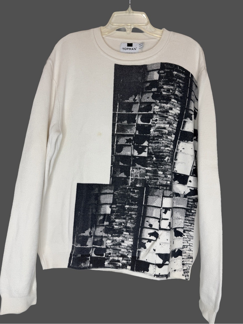 EUC-Topman Men's Cream Crewneck Knit Sweater with Black Architectural Print MD